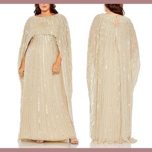 NWT $798 Mac Duggal [ 18W‎ ] Beaded Embellished Column Cape Gown Champagne Gold